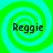 Four identical display the name 'Reggie' over a green and cyan spiral background with pixelated text