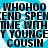 A static image with repeated text over a blue and white background featuring a stylized character face.