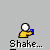Pixelated character with white circular head and yellow body holding blue square, text below reads 'Shake...' in blocky font.