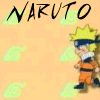 NARUTO text above a character in orange jumpsuit with blue accents, yellow spiky hair, and headband running across light brown background with green leaf patterns.
