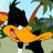 Pixelated cartoon character with yellow beak, black hat, and orange body running against tropical background with palm tree and blue sky.