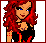 Pixelated character with red hair and blue eyes in black outfit, next to fiery text reading "Firey Hot" on white background.