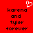Red background with black pixelated text reading 'karena and tyler forever' on both sides of a white heart symbol.