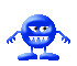 Blue pixelated circular character with sharp teeth, multiple poses showing arm and eye variations across three