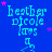 Blue background with repeated cyan text 'heather nicole lars' and a small dancing figure, scattered pink stars.