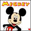 Mickey Mouse icon with 'MICKEY' text above, red heart symbol at bottom right, and yellow heart symbol in second frame.