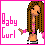 Pixel art buddy icon featuring a cartoon girl with long brown hair, pink and black outfit, and