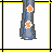 Animated contact sheet of a pixel art character with blonde hair and yellow accents, displaying body parts, facial expressions, and text fragments across 12 frames.