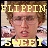 six pixelated showing a person with curly brown hair and glasses, with text overlays changing between yellow and blue