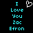 Pixelated cyan text on black background reads "I Love You Zac Efron" with a white pixelated heart symbol above the text.