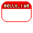Red-bordered rectangular icon with 'HELLO I AM' text at top, white background, and black pixelated text forming sequential letters in the lower section.