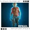 A shirtless figure with red shoulder accents stands against a dark blue background, surrounded by shifting light effects and the word "ANGEL" at bottom.