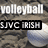 Pixelated image with white text 'volleyball' above black bar containing 'UMC IRISH' over textured background with light and dark gray tones.