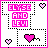 A 4-frame animated contact sheet of a pixel art buddy icon featuring pink text and hearts on white backgrounds with dotted borders.