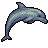 Pixelated dolphin in mid-leap pose with blue-gray gradient body, light teal highlights on back and side, black outline against solid gray background.