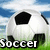 A pixelated soccer ball with black and white stands on green grass under a blue sky, labeled 'Soccer' in the left view