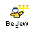 Pixelated character in yellow shirt and blue cap holds a menorah with nine lit candles, below text reading 'Be Jew' on gray background.