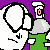 Pixelated cartoon character with white head and green body against purple background, showing sequential animation frames of a dripping effect.