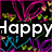 Animated icon with black background, pink and blue heart-shaped lines, yellow-green flowers, orange-brown leaves, white text "Happy Day <33", and a small white dot.