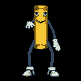 Yellow cylindrical character with blue limbs and white gloves performs multiple poses against black background.