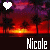 Pixelated sunset scene with palm trees, purple sky, and orange-yellow horizon; two white heart icons above the text 'Nicole' in different colors.