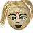 Pixelated face with blonde ponytail, red bindi on forehead, black eyes and mouth, light skin tone, static image on gray background