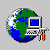 Pixelated globe with green landmasses and blue oceans, adjacent to a computer monitor showing solid blue screen, keyboard, and stand with orange accent.