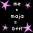 Pixelated pink star icons and white text on black background display a mathematical equation with 'me + maja = bffl' repeated in two