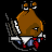 Pixelated character with brown hair and white collar, holding a large brown object resembling a fried chicken leg against black background.