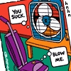 Cartoon-style illustration with red, green, blue, orange, and purple colors showing a vacuum cleaner, a fan on a table, and two speech bubbles.