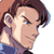 Pixelated close-up of a character's face with brown hair and blue eyes, wearing a purple top against a white background.