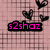 Pixelated icon with pink background, black heart shapes, and text 's2shaz' in varying colors across frames