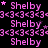 pink text 'Shelby' with animated star and symbol changes on a black background, featuring repeated patterns and shifting decorative elements