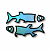 Two pixelated blue fish icons on white background, one above the other; right side shows green text 'Original Icons .com' on dark green background.