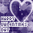 Pixelated heart-shaped background with repeated 'HAPPY VALENTINES DAY' text in white and purple, animated color shifts across frames.