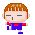 Pixel art character with brown hair, closed eyes, and a small mouth wearing red shirt and blue overalls in two side-by-side poses.