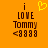 Pixelated orange background with brown text reading 'i LOVE Tommy <3333' and a yellow heart symbol above the word 'LOVE'.