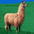 Pixelated image of a light brown llama standing in profile against green grass and blue sky background.