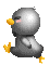 Pixelated cartoon penguin with gray body, yellow beak and feet, pink cheeks, and white belly in two side-by-side animation frames showing different poses.