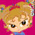 Pixelated cartoon character with blonde pigtails and red hair accessories on a pink background, featuring multiple facial expressions.