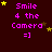 Dark red background with pink text "Smile 4 the Camera =]" and scattered yellow and brown stars in a