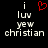 Pixelated text reads 'i luv yew christian' with a red heart symbol above the 'i' on the left side of the image.