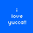 Blue background with white pixelated text 'i love yucca!!' in four variations, each with a light blue rectangular highlight over one word.