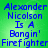 Blue pixelated text on green background reads "Alexander Nicolson Is A Bangin' Firefighter" with slight vertical misalignment in the second frame.