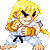 Pixel art character with blonde hair and black belt in white karate uniform performing sequential martial arts poses against gray background.