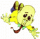 Pixelated cartoon character with yellow body, green bow tie, brown belt, and blue hair-like tufts extends both arms forward in a reaching pose.