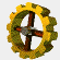 Four circular gear-shaped icons with yellow and green outer rings and brown cross-shaped inner elements rotating in sequence.