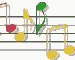 Animated musical notes on a staff with green, yellow, and red note heads moving across the frame.