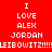 Red background with white pixelated text repeating 'I LOVE ALEX JORDAN' and 'LEIBOWITZ!!!!!' in two identical horizontal sections.