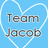 Blue background with white pixelated heart outline containing brown text reading 'Team Jacob' in two lines.
